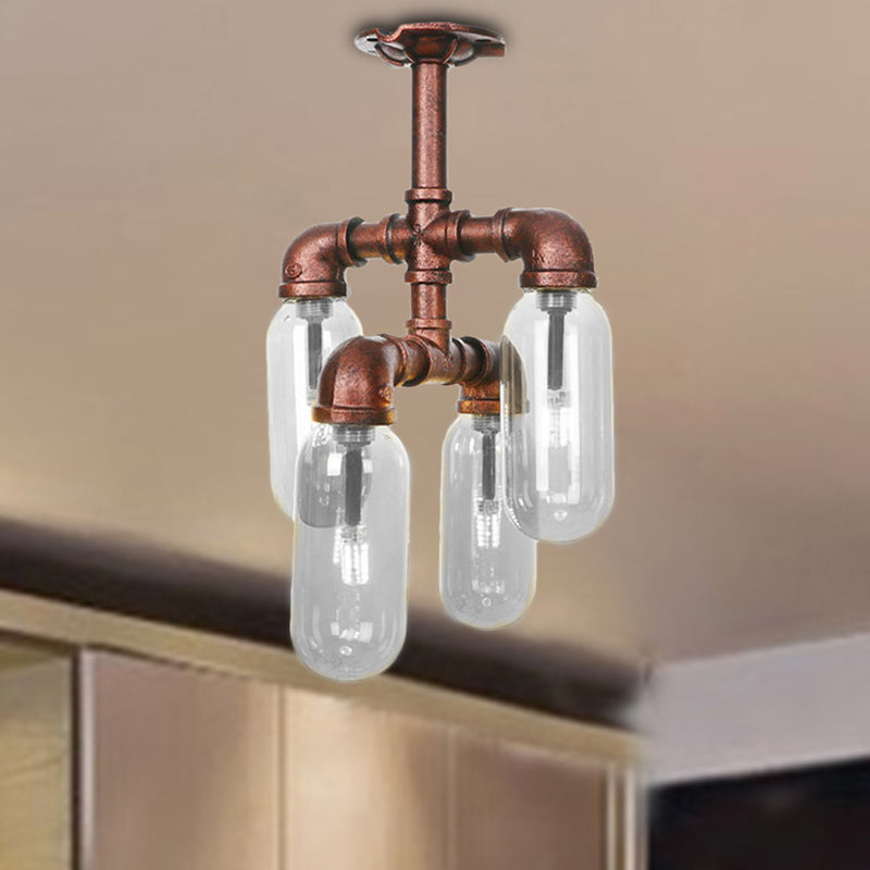 Antique Copper Sputnik Semi Flush Light Vintage Clear Glass 4/6 Light Dining Room Ceiling Lighting Fixture with Pipe Design Clearhalo 'Ceiling Lights' 'Close To Ceiling Lights' 'Close to ceiling' 'Semi-flushmount' Lighting' 206368