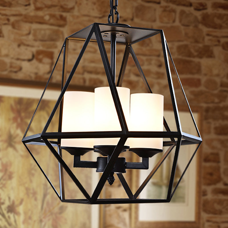 3/4 Lights Ceiling Light Traditional Geometric Frosted Glass Hanging Chandelier in Black with Cylinder Shade Clearhalo 'Ceiling Lights' 'Chandeliers' Lighting' options 206369