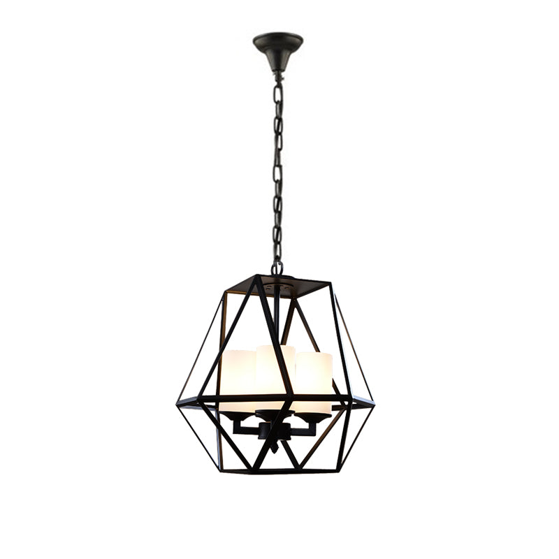 3/4 Lights Ceiling Light Traditional Geometric Frosted Glass Hanging Chandelier in Black with Cylinder Shade Clearhalo 'Ceiling Lights' 'Chandeliers' Lighting' options 206370