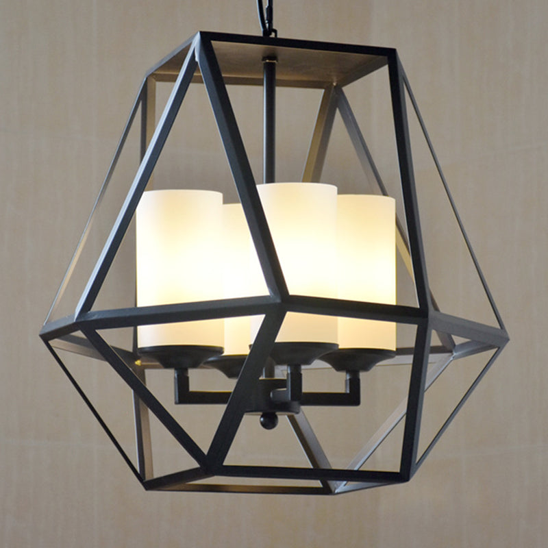 3/4 Lights Ceiling Light Traditional Geometric Frosted Glass Hanging Chandelier in Black with Cylinder Shade Clearhalo 'Ceiling Lights' 'Chandeliers' Lighting' options 206375