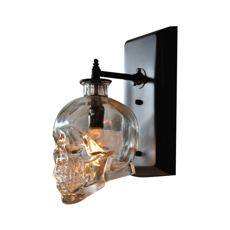 Black Skull Wall Mount Light Artistic Single-Bulb Clear Glass Wall Light Fixture for Corridor Clearhalo 'Wall Lamps & Sconces' 'Wall Lights' Lighting' 2063841