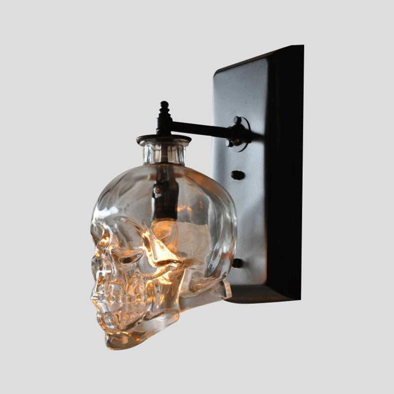 Black Skull Wall Mount Light Artistic Single-Bulb Clear Glass Wall Light Fixture for Corridor Clearhalo 'Wall Lamps & Sconces' 'Wall Lights' Lighting' 2063842