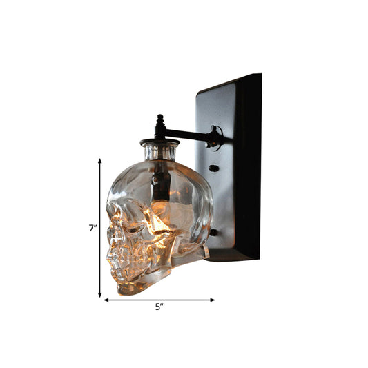 Black Skull Wall Mount Light Artistic Single-Bulb Clear Glass Wall Light Fixture for Corridor Clearhalo 'Wall Lamps & Sconces' 'Wall Lights' Lighting' 2063843