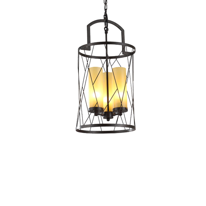 3 Light Pendant Light Traditional Cylinder Beige Glass Hanging Chandelier in Black Clearhalo 'Ceiling Lights' 'Chandeliers' Lighting' options 206385