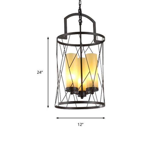 3 Light Pendant Light Traditional Cylinder Beige Glass Hanging Chandelier in Black Clearhalo 'Ceiling Lights' 'Chandeliers' Lighting' options 206386