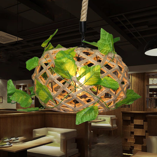 Beige Drum Ceiling Light Industrial Hemp Rope Single Restaurant Hanging Pendant Light with Decorative Ivy Beige Clearhalo 'Ceiling Lights' 'Industrial Pendants' 'Industrial' 'Middle Century Pendants' 'Pendant Lights' 'Pendants' 'Tiffany' Lighting' 2063877