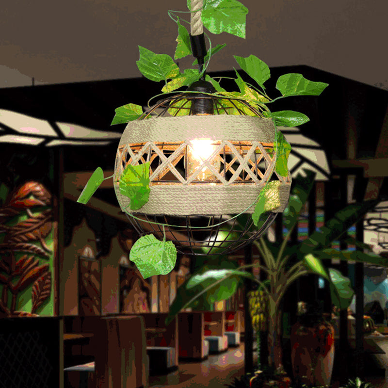 1-Light Iron Plant Hanging Lamp Vintage Beige Globe Restaurant Lighting Pendant with Rope Detail Clearhalo 'Ceiling Lights' 'Industrial Pendants' 'Industrial' 'Middle Century Pendants' 'Pendant Lights' 'Pendants' 'Tiffany' Lighting' 2063883