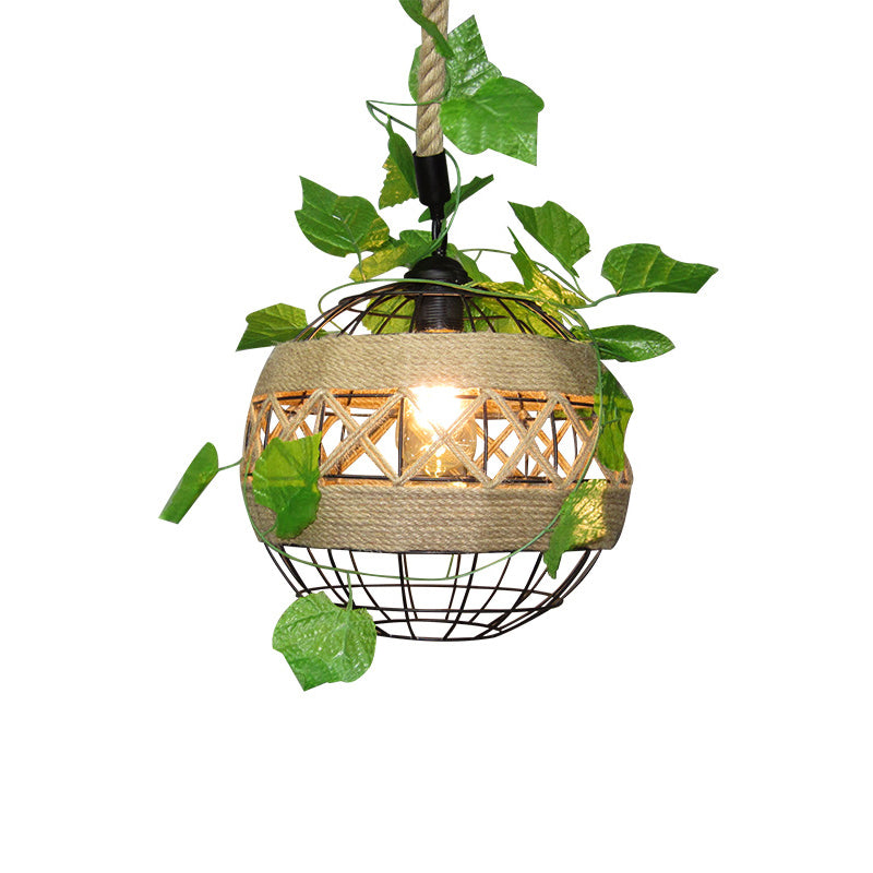 1-Light Iron Plant Hanging Lamp Vintage Beige Globe Restaurant Lighting Pendant with Rope Detail Clearhalo 'Ceiling Lights' 'Industrial Pendants' 'Industrial' 'Middle Century Pendants' 'Pendant Lights' 'Pendants' 'Tiffany' Lighting' 2063886