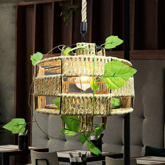 Lantern Shaped Restaurant Pendant Light Antique Hemp Rope 1-Light Beige Hanging Light Fixture with Artificial Ivy Beige Clearhalo 'Ceiling Lights' 'Industrial Pendants' 'Industrial' 'Middle Century Pendants' 'Pendant Lights' 'Pendants' 'Tiffany' Lighting' 2063887