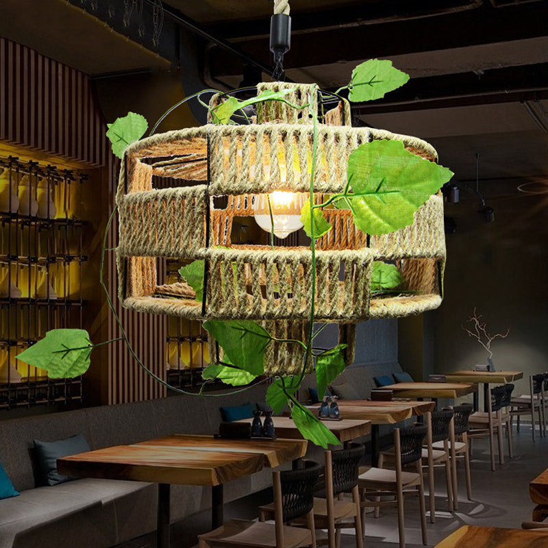 Lantern Shaped Restaurant Pendant Light Antique Hemp Rope 1-Light Beige Hanging Light Fixture with Artificial Ivy Clearhalo 'Ceiling Lights' 'Industrial Pendants' 'Industrial' 'Middle Century Pendants' 'Pendant Lights' 'Pendants' 'Tiffany' Lighting' 2063888
