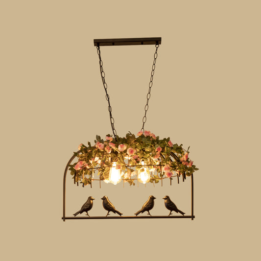 Bird Cage Iron Hanging Light Vintage Restaurant Island Pendant Light with Decorative Plant 2 Black Clearhalo 'Ceiling Lights' 'Island Lights' Lighting' 2063990