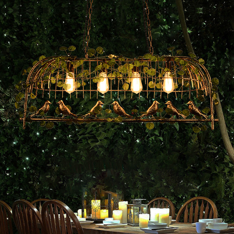 Rustic Birdcage Island Light Fixture Metallic Ceiling Pendant Light with Artificial Ivy for Restaurant Black Large Clearhalo 'Ceiling Lights' 'Island Lights' Lighting' 2064027