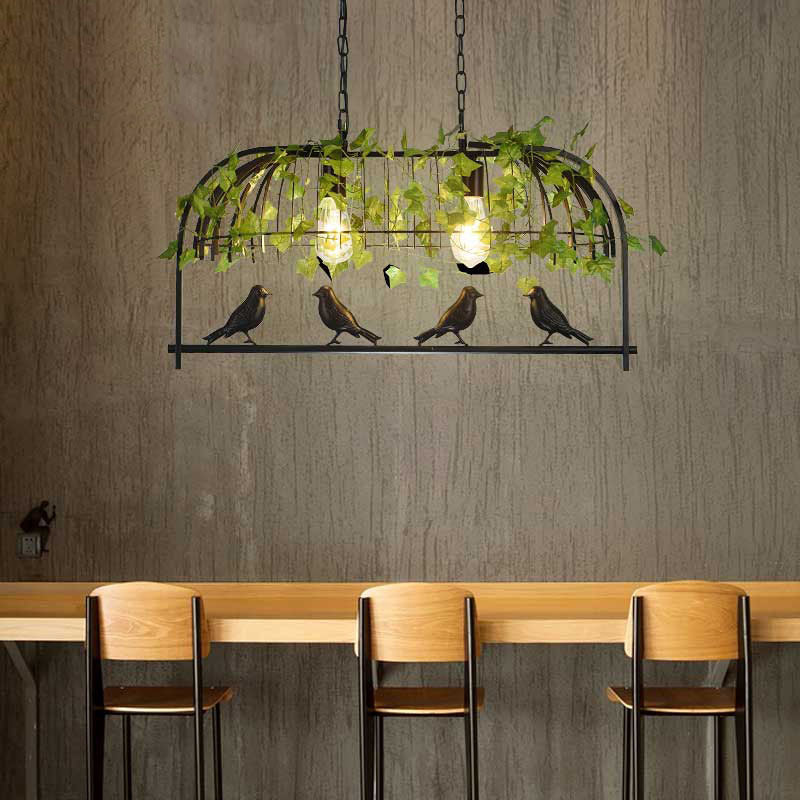 Rustic Birdcage Island Light Fixture Metallic Ceiling Pendant Light with Artificial Ivy for Restaurant Black Small Clearhalo 'Ceiling Lights' 'Island Lights' Lighting' 2064028
