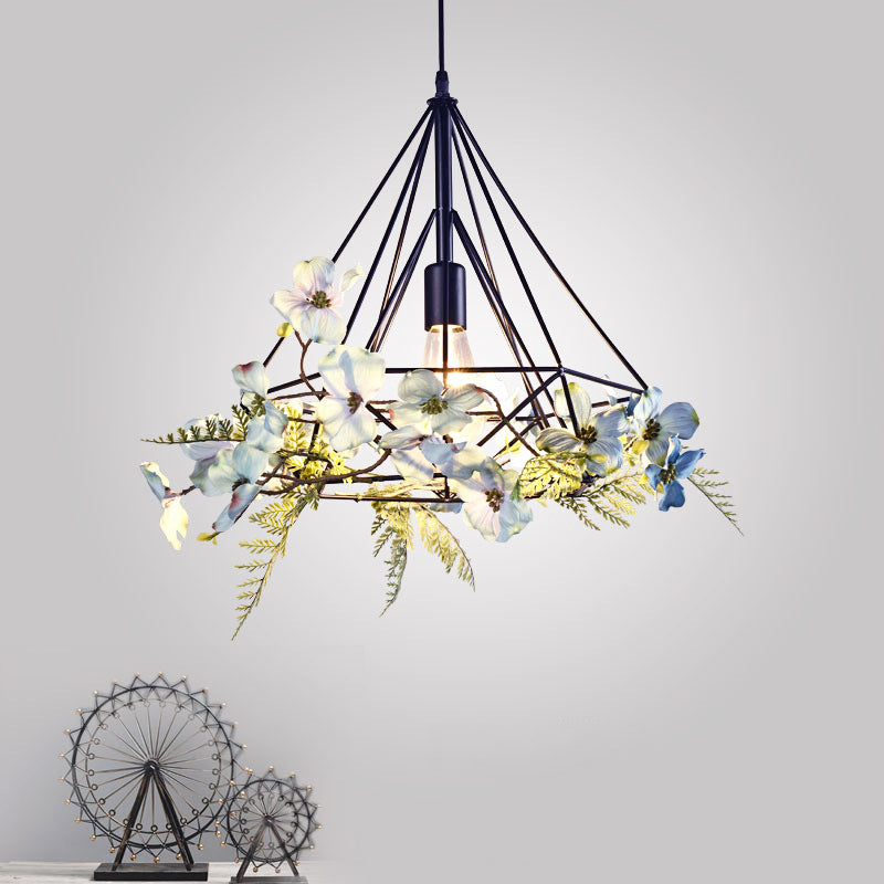 Blue-White Diamond Hanging Light Rustic Metallic 1 Bulb Restaurant Pendant Light Fixture with Artificial Flower Clearhalo 'Art Deco Pendants' 'Cast Iron' 'Ceiling Lights' 'Ceramic' 'Crystal' 'Industrial' 'Metal' 'Pendant Lights' 'Tiffany' Lighting' 2064037