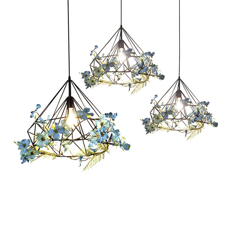 Blue-White Diamond Hanging Light Rustic Metallic 1 Bulb Restaurant Pendant Light Fixture with Artificial Flower Clearhalo 'Art Deco Pendants' 'Cast Iron' 'Ceiling Lights' 'Ceramic' 'Crystal' 'Industrial' 'Metal' 'Pendant Lights' 'Tiffany' Lighting' 2064040_3b275124-7a14-4593-833c-319aea0c2df0