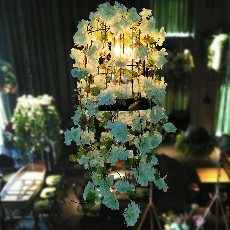 Birdcage Bar Ceiling Light Industrial Iron Single Light Green Hanging Pendant Light with Flower Decor Clearhalo 'Art Deco Pendants' 'Cast Iron' 'Ceiling Lights' 'Ceramic' 'Crystal' 'Industrial Pendants' 'Industrial' 'Metal' 'Middle Century Pendants' 'Pendant Lights' 'Pendants' 'Tiffany' Lighting' 2064071