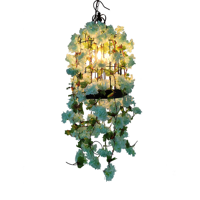 Birdcage Bar Ceiling Light Industrial Iron Single Light Green Hanging Pendant Light with Flower Decor Clearhalo 'Art Deco Pendants' 'Cast Iron' 'Ceiling Lights' 'Ceramic' 'Crystal' 'Industrial Pendants' 'Industrial' 'Metal' 'Middle Century Pendants' 'Pendant Lights' 'Pendants' 'Tiffany' Lighting' 2064074