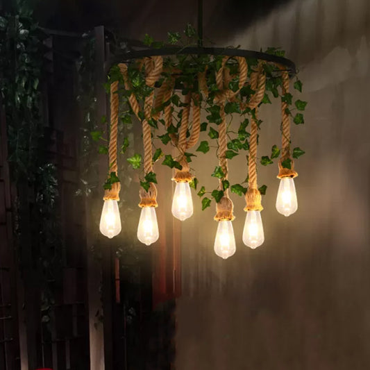 Wheel Iron Chandelier Light Rustic Restaurant Pendant Light Fixture with Plant Decor 6 Green Clearhalo 'Ceiling Lights' 'Chandeliers' 'Industrial Chandeliers' 'Industrial' 'Middle Century Chandeliers' 'Tiffany' Lighting' 2064090