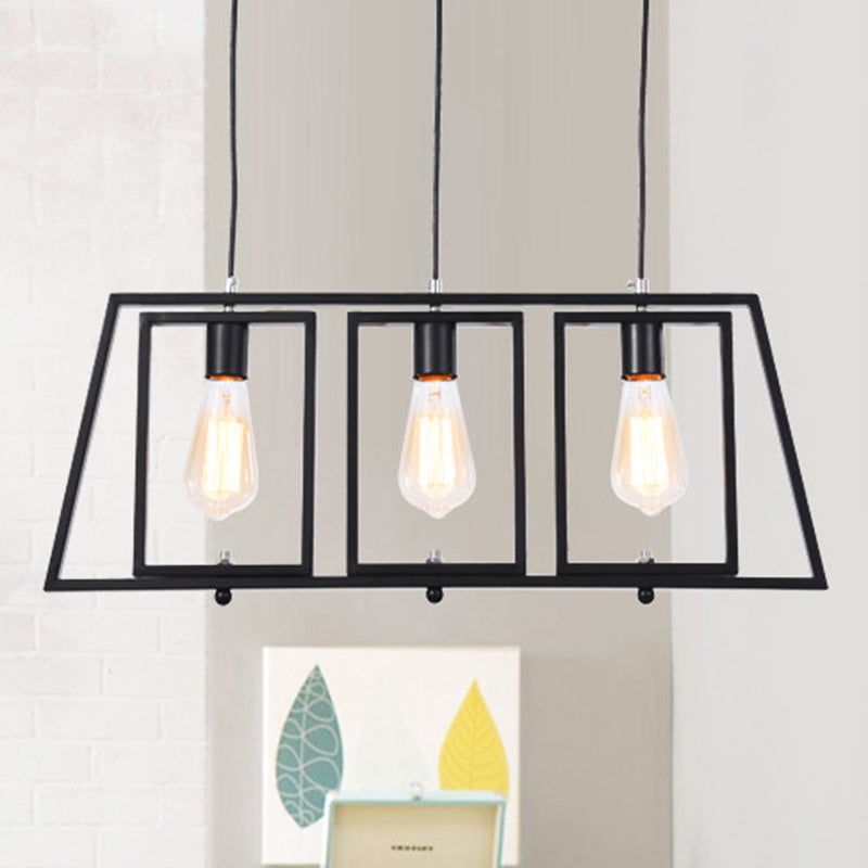 Trapezoid Frame Metal Hanging Pendant Industrial 3 Light Kitchen Island Light Fixture in Black with Rectangle Shade Black Clearhalo 'Ceiling Lights' 'Island Lights' Lighting' 206422