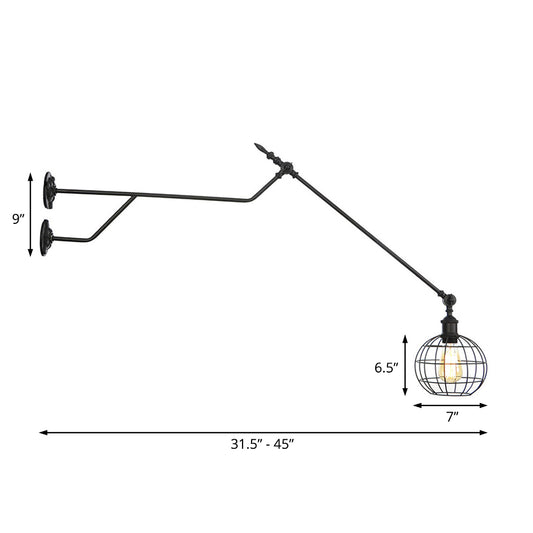 Globe Metal Sconce Lighting Industrial Single Bulb Indoor Wall Mounted Lamp in Black with Cage Clearhalo 'Wall Lamps & Sconces' 'Wall Lights' Lighting' 206437