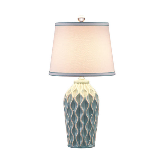Fabric Conical Shape Table Lamp Nordic Style Single Nightstand Light with Pottery Decor Blue Clearhalo 'Lamps' 'Table Lamps' Lighting' 2064522