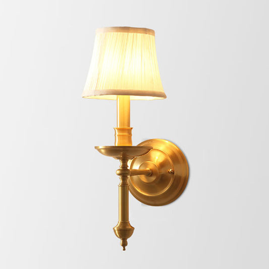 Candlestick Living Room Wall Lighting Vintage Metal Single Gold Sconce Light with Empire Fabric Shade Clearhalo 'Wall Lamps & Sconces' 'Wall Lights' Lighting' 2064582