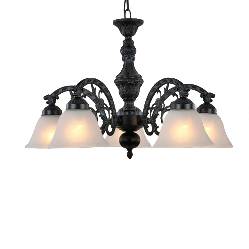 Frosted Glass Black/Bronze Pendant Lamp Bell 5 Lights Traditional Chandelier Light Fixture Clearhalo 'Ceiling Lights' 'Chandeliers' 'Glass shade' 'Glass' Lighting' 206463