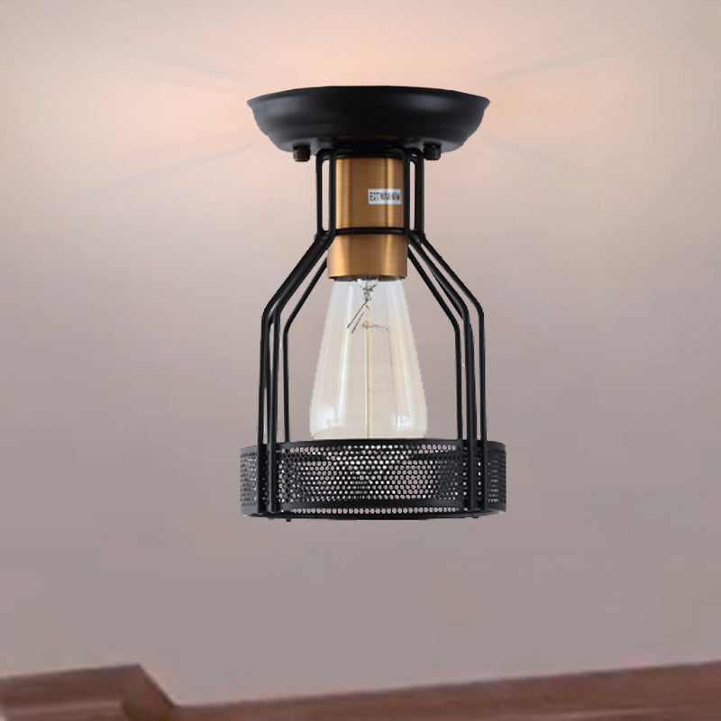 Single Bulb Semi Flush Mount Industrial Caged Metal Ceiling Light in Black with Wire Mesh Black Clearhalo 'Ceiling Lights' 'Close To Ceiling Lights' 'Close to ceiling' 'Semi-flushmount' Lighting' 206464