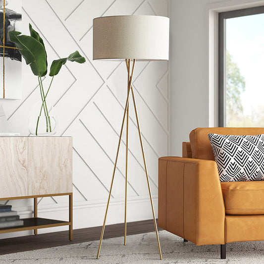 Drum Shaped Fabric Floor Lighting Minimalism Single Standing Floor Lamp with Metal Tripod Flaxen Clearhalo 'Floor Lamps' 'Lamps' Lighting' 2064728