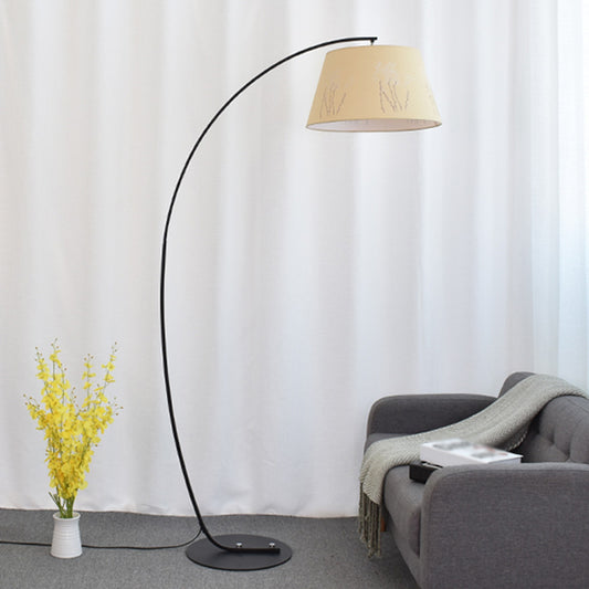 Tapered Drum Shaped Fabric Standing Light Vintage Single Living Room Arched Floor Lamp Yellow Clearhalo 'Floor Lamps' 'Lamps' Lighting' 2064785