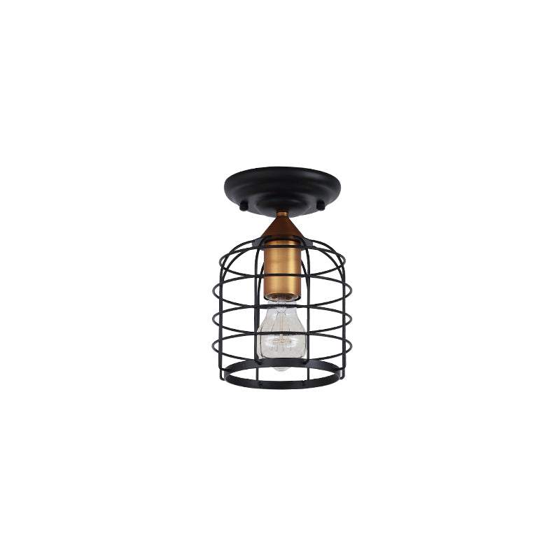 Black One Light Ceiling Mount Industrial Metal Cylinder Semi Flush Light with Cage for Corridor Clearhalo 'Ceiling Lights' 'Close To Ceiling Lights' 'Close to ceiling' 'Semi-flushmount' Lighting' 206484