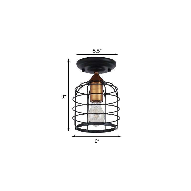 Black One Light Ceiling Mount Industrial Metal Cylinder Semi Flush Light with Cage for Corridor Clearhalo 'Ceiling Lights' 'Close To Ceiling Lights' 'Close to ceiling' 'Semi-flushmount' Lighting' 206485