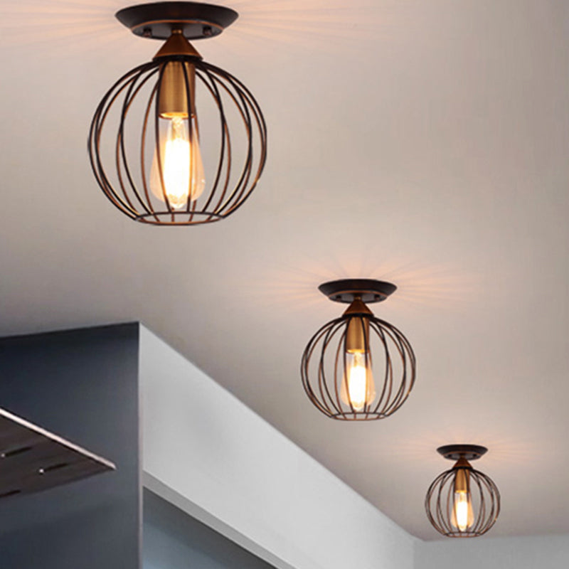 1 Light Ceiling Light Fixture Caged Globe Shade Metal Industrial Living Room Semi Flush in Black Black Clearhalo 'Ceiling Lights' 'Close To Ceiling Lights' 'Close to ceiling' 'Semi-flushmount' Lighting' 206507