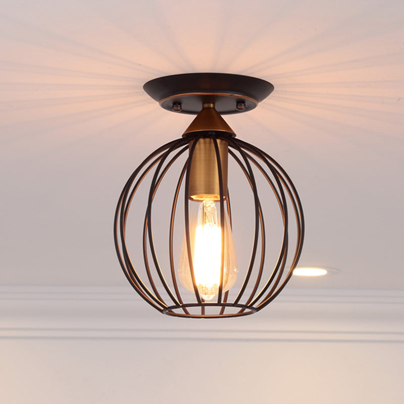 1 Light Ceiling Light Fixture Caged Globe Shade Metal Industrial Living Room Semi Flush in Black Clearhalo 'Ceiling Lights' 'Close To Ceiling Lights' 'Close to ceiling' 'Semi-flushmount' Lighting' 206508