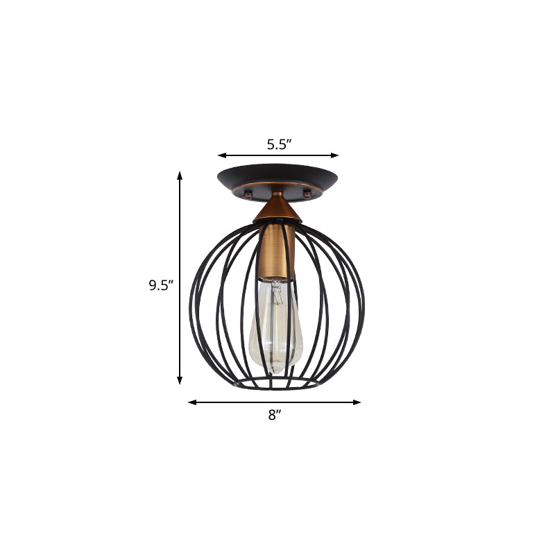 1 Light Ceiling Light Fixture Caged Globe Shade Metal Industrial Living Room Semi Flush in Black Clearhalo 'Ceiling Lights' 'Close To Ceiling Lights' 'Close to ceiling' 'Semi-flushmount' Lighting' 206510