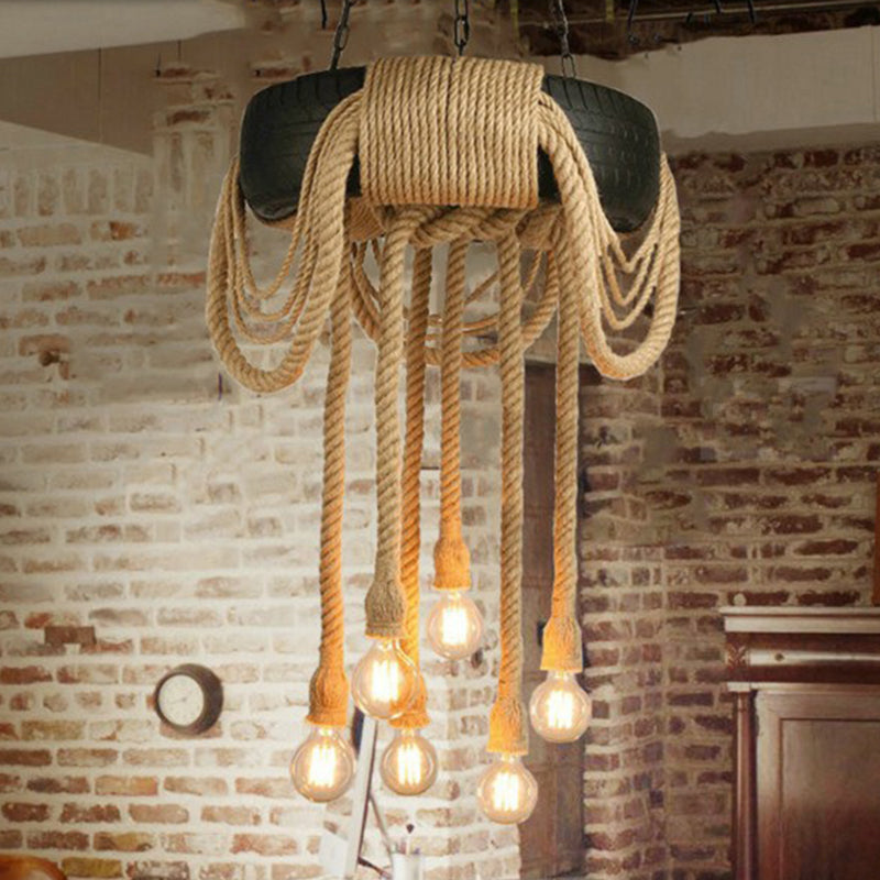 Rope Black Pendant Lamp Tyre 6 Lights Industrial Chandelier Light Fixture for Coffee Shop Black Clearhalo 'Ceiling Lights' 'Chandeliers' 'Industrial Chandeliers' 'Industrial' 'Middle Century Chandeliers' 'Tiffany' Lighting' 206564