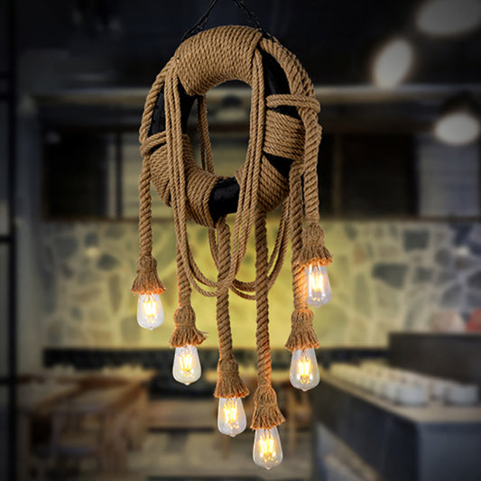 Rope Black Pendant Lamp Tyre 6 Lights Industrial Chandelier Light Fixture for Coffee Shop Clearhalo 'Ceiling Lights' 'Chandeliers' 'Industrial Chandeliers' 'Industrial' 'Middle Century Chandeliers' 'Tiffany' Lighting' 206565