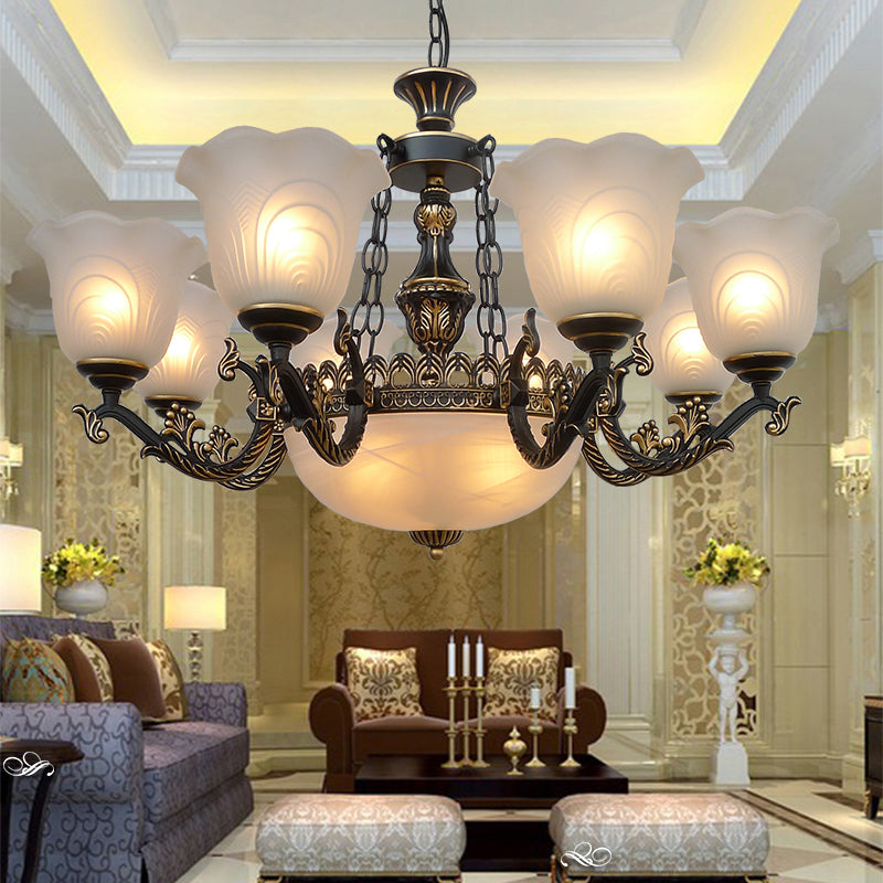 Bronze Flared Pendant Lighting Traditional Frosted Textured Glass 9/11 Light Living Room Chandelier 11 Bronze Clearhalo 'Ceiling Lights' 'Chandeliers' Lighting' options 206573_c01fd39c-e875-4374-8c12-fee7f67a176d