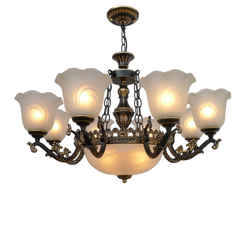 Bronze Flared Pendant Lighting Traditional Frosted Textured Glass 9/11 Light Living Room Chandelier Clearhalo 'Ceiling Lights' 'Chandeliers' Lighting' options 206574