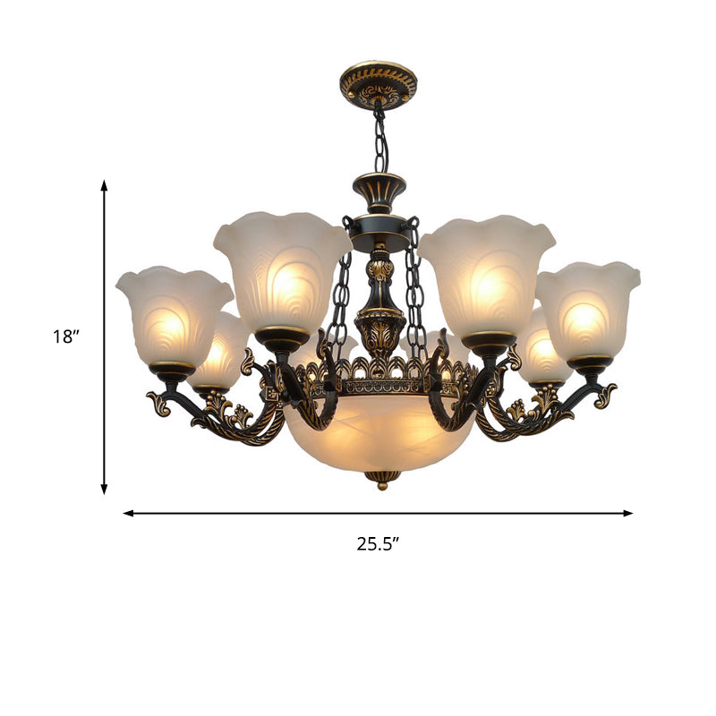 Bronze Flared Pendant Lighting Traditional Frosted Textured Glass 9/11 Light Living Room Chandelier Clearhalo 'Ceiling Lights' 'Chandeliers' Lighting' options 206575