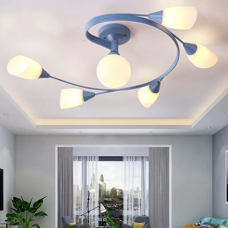 Macaron Twist Arm Ceiling Light Opal Glass and Metal Semi Flushmount Light for Kitchen 6 Blue Clearhalo 'Ceiling Lights' 'Close To Ceiling Lights' 'Close to ceiling' 'Semi-flushmount' Lighting' 20661