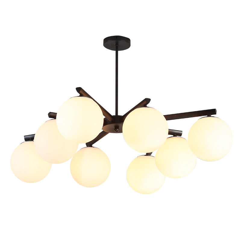 White Glass Globe Hanging Chandelier Traditional 3/6/8 Light Living Room Pendant Light in Black with Sunburst Design Clearhalo 'Ceiling Lights' 'Chandeliers' 'Close To Ceiling Lights' 'Glass shade' 'Glass' Lighting' 206619