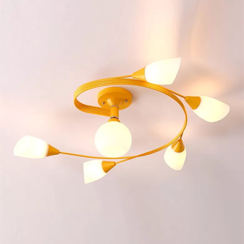 Macaron Twist Arm Ceiling Light Opal Glass and Metal Semi Flushmount Light for Kitchen 6 Yellow Clearhalo 'Ceiling Lights' 'Close To Ceiling Lights' 'Close to ceiling' 'Semi-flushmount' Lighting' 20662