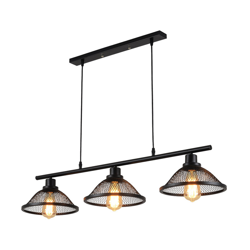 Cone Living Room Pendant Light Fixture Industrial Metal Mesh 3 Lights Black Island Lighting Clearhalo 'Ceiling Lights' 'Island Lights' Lighting' 206673