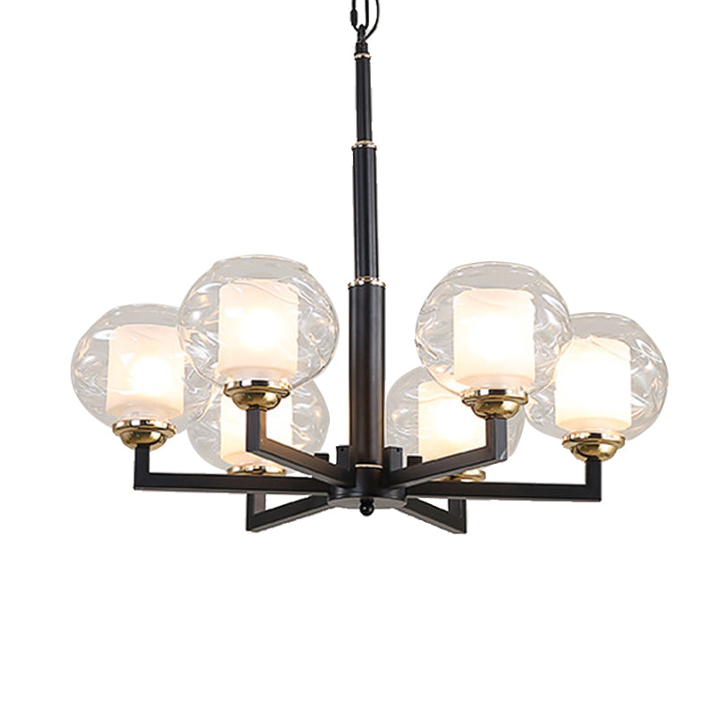 3/6/8 Bulbs Ceiling Lamp Globe Clear Textured Glass Traditional Living Room Chandelier Pendant Light in Black Clearhalo 'Ceiling Lights' 'Chandeliers' 'Glass shade' 'Glass' Lighting' 206690