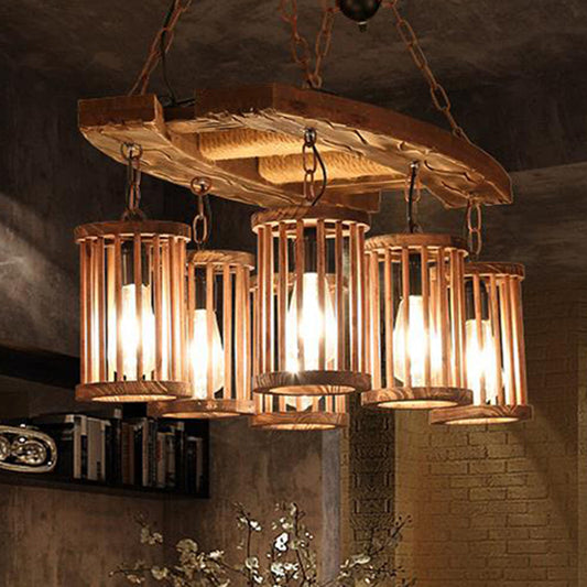 6-Light Wood Hanging Chandelier Vintage Black Cylinder Dining Room Pendant Light Fixture Wood Clearhalo 'Carpenter Chandeliers' 'Ceiling Lights' 'Chandeliers' 'Industrial Chandeliers' 'Industrial' 'Middle Century Chandeliers' 'Modern' 'Tiffany' Lighting' 206787