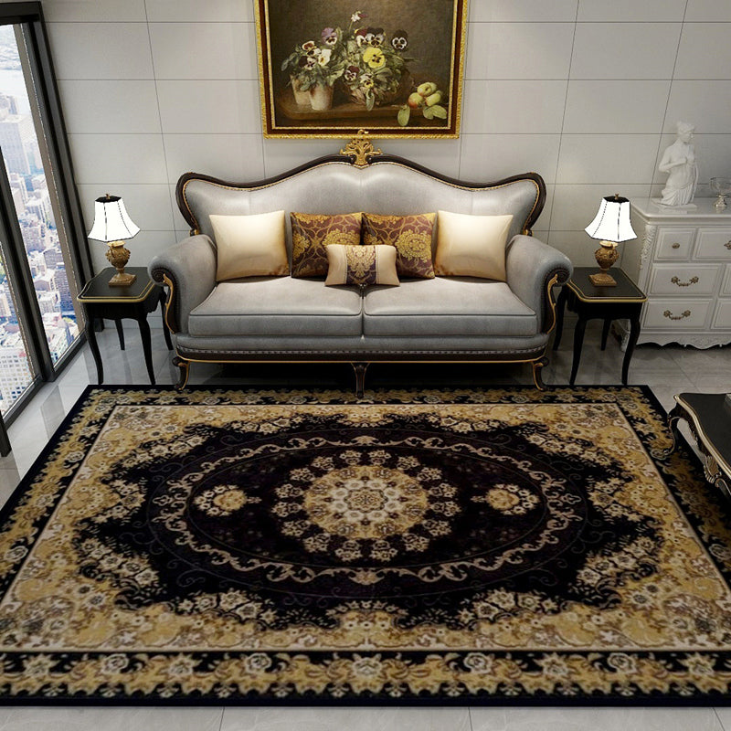 Oriental Floral Frame Rug Dark Color Polypropylene Rug Machine Washable Anti-Slip Backing Stain Resistant Area Carpet for Family Room Yellow Clearhalo 'Area Rug' 'Moroccan' 'Rugs' Rug' 2070163