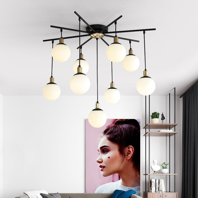 Black Starburst Chandelier Light Modern 4/7/9 Light Opal Glass Hanging Lamp for Bedroom 9 Black Clearhalo 'Ceiling Lights' 'Chandeliers' 'Modern Chandeliers' 'Modern' Lighting' 207073