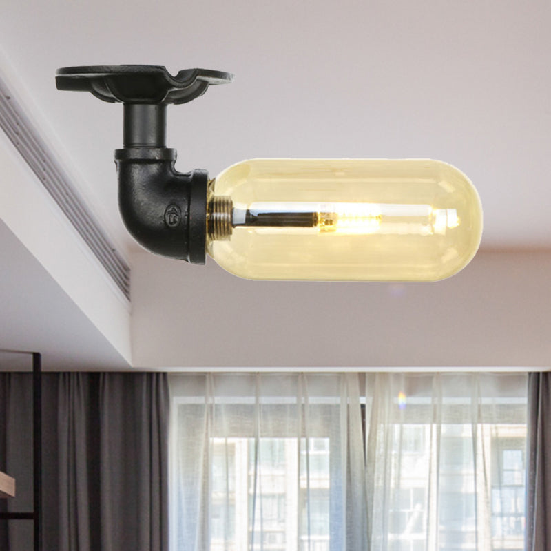 Black Capsule Shade Semi Flush Mount Light Industrial Amber Glass 1 Light Indoor Ceiling Lighting Fixture with Pipe Design Black C Clearhalo 'Ceiling Lights' 'Close To Ceiling Lights' 'Close to ceiling' 'Semi-flushmount' Lighting' 207096