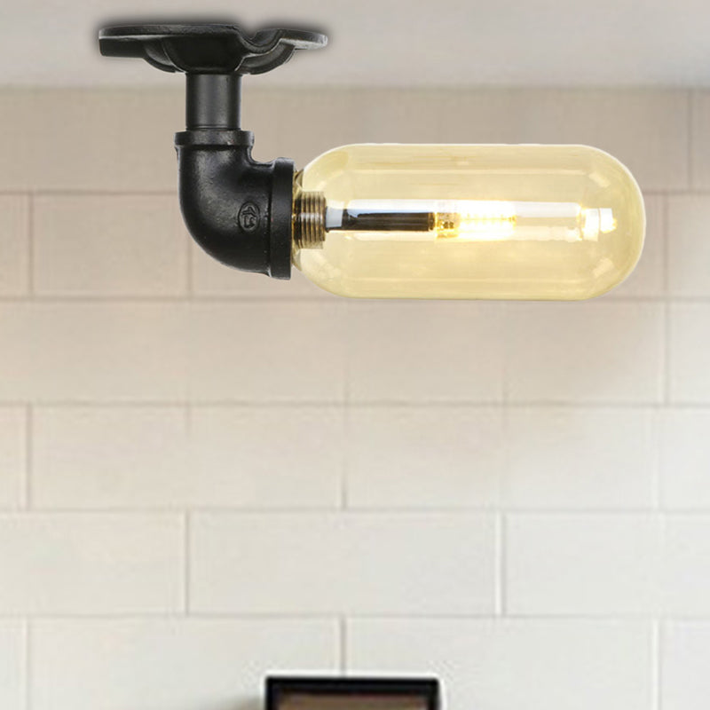 Black Capsule Shade Semi Flush Mount Light Industrial Amber Glass 1 Light Indoor Ceiling Lighting Fixture with Pipe Design Clearhalo 'Ceiling Lights' 'Close To Ceiling Lights' 'Close to ceiling' 'Semi-flushmount' Lighting' 207097